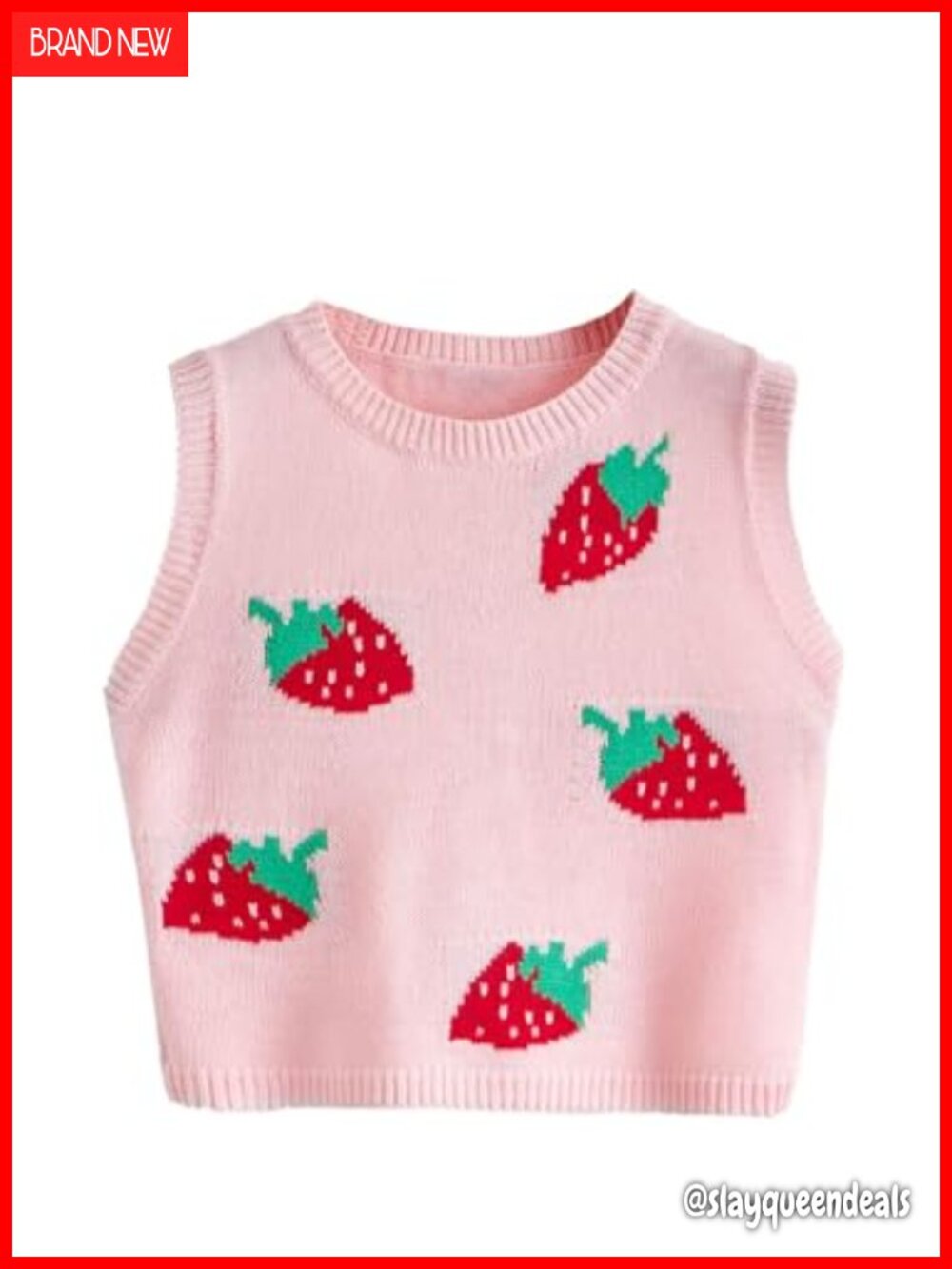 Sleeveless Round Neck Strawberry Print Sweater Vest Crop Top
